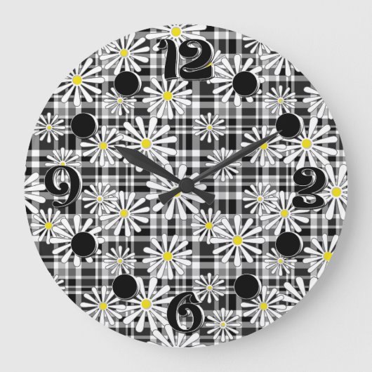 白カモミールの花オン白黒市松模様にb ラージ壁時計 (正面)