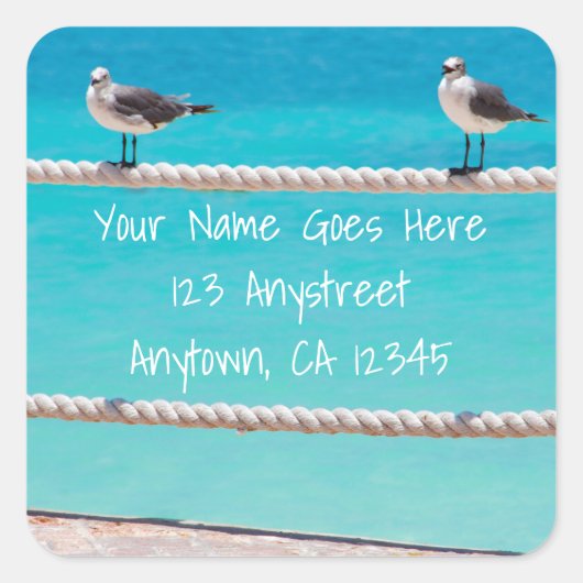 白カモメビーチ鳥写真差出人住所 スクエアシール (正面)