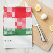 白カラフルモダン緑の赤いバッファローのプレイド キッチンタオル (四つ折り)