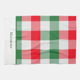 白カラフルモダン緑の赤いバッファローのプレイド キッチンタオル