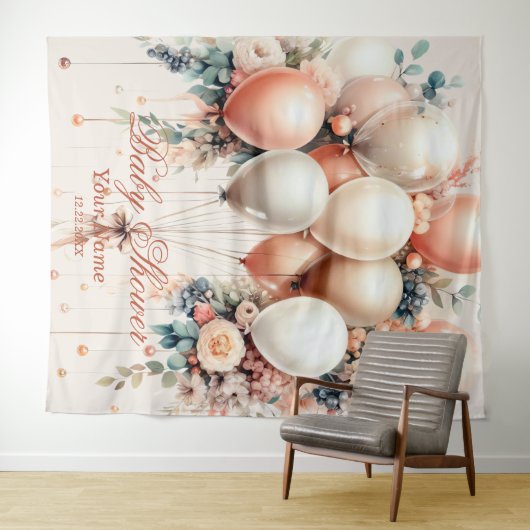 白カラフル桃フローラバルーンエレガントパーティー タペストリー (インサイチュ(横))
