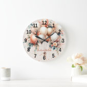 白カラフル桃フローラバルーンエレガントパーティー ラージ壁時計 (ホーム)