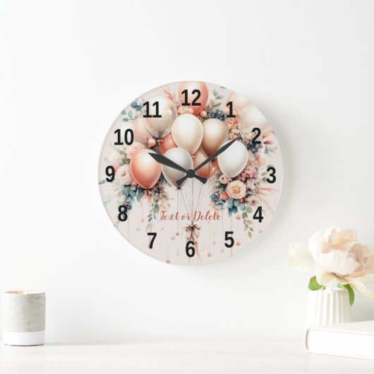 白カラフル桃フローラバルーンエレガントパーティー ラージ壁時計 (ホーム)