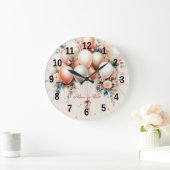 白カラフル桃フローラバルーンエレガントパーティー ラージ壁時計 (ホーム)