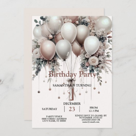 白カラフル桃フローラバルーンエレガントパーティー 招待状 (正面/裏面)