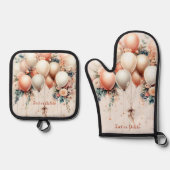 白カラフル桃フローラバルーンエレガントパーティー 鍋つかみ&鍋敷きセット (正面)