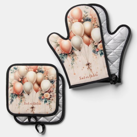 白カラフル桃フローラバルーンエレガントパーティー 鍋つかみ&鍋敷きセット (正面/裏面)