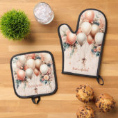 白カラフル桃フローラバルーンエレガントパーティー 鍋つかみ&鍋敷きセット (トップダウン)