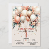 白カラフル桃フローラバルーンバースデーパーティー 招待状 (正面)