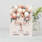 白カラフル桃フローラバルーンバースデーパーティー 招待状 (スタンド正面)