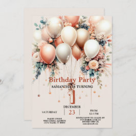 白カラフル桃フローラバルーンバースデーパーティー 招待状