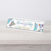 白カラフル水彩蝶 デスクネームプレート (正面)