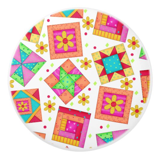 白カラフル色のキルトパッチワークブロックアート セラミックノブ (正面)