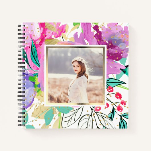 白カラフル色の紫フローラと写真 ノートブック (正面)