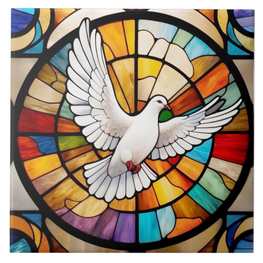 白カラフル鳩ステンドグラス鳥 タイル (正面)