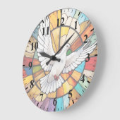 白カラフル鳩ステンドグラス鳥 ラージ壁時計 (傾斜)