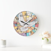 白カラフル鳩ステンドグラス鳥 ラージ壁時計 (ホーム)
