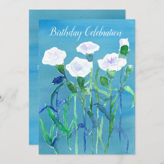 白カーネーション花の誕生日パーティーの招待 招待状 (正面/裏面)