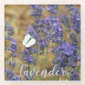 白キャベツバタフライオンラベンダーフローラ ガラスコースター (正面)