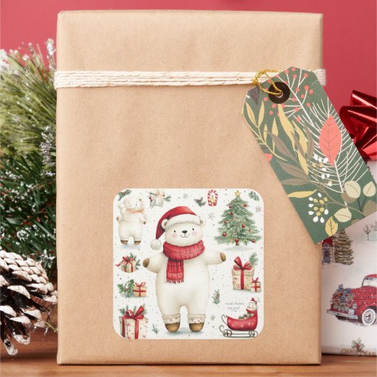白クマのサンタのステッカー スクエアシール (クリスマス)