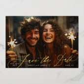 白クラシックい写真の結婚金ゴールド保存日 箔招待状 (正面)