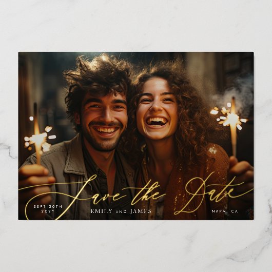 白クラシックい写真の結婚金ゴールド保存日 箔招待状 (正面)