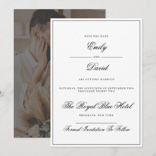 白クラシックと黒の写エレガント真 セーブザデート (正面/裏面)