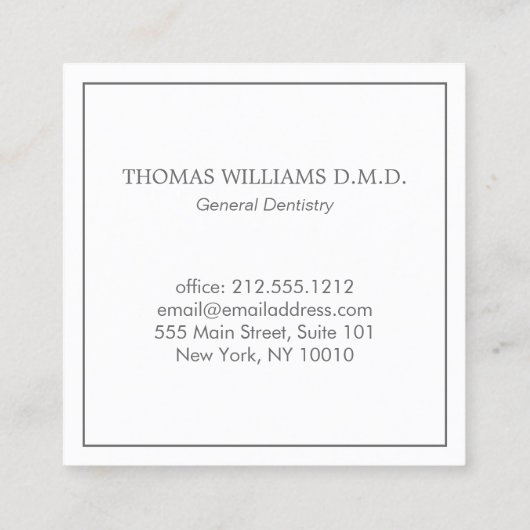 白クラシックにモダン歯医者の歯のロゴ スクエア名刺 (裏面)