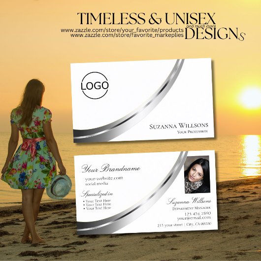 白クラシック平銀色の装飾のロゴと写真 名刺