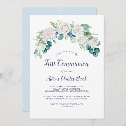 白クラシック花先聖体 招待状 (正面/裏面)