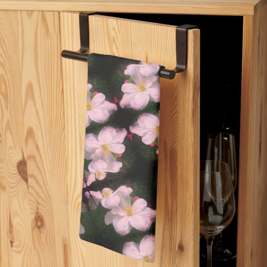 白クレマチス花対抽象芸術花柄 キッチンタオル (三つ折り)