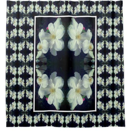 白クレマチス花対抽象芸術花柄 シャワーカーテン (正面)