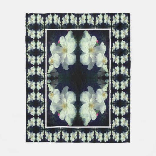 白クレマチス花対抽象芸術花柄 フリースブランケット (正面)