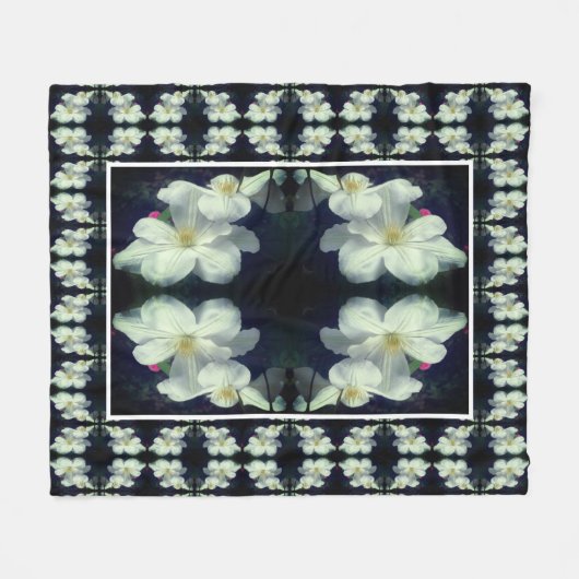 白クレマチス花対抽象芸術花柄 フリースブランケット (正面(横))