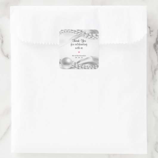 白サテンの布結婚真珠と記念日 スクエアシール (バッグ)