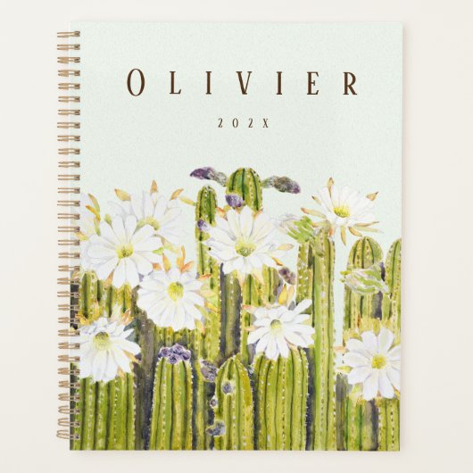 白サボテンの花の水色の手絵を描 プランナー手帳 (正面)
