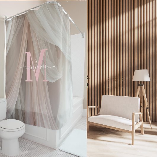 白シルクピンクモノグラムエレガントスクリプ結婚ト シャワーカーテン