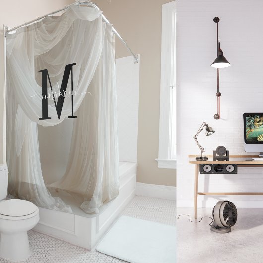 白シルクブラックはっきりしたモノグラム可愛いスクリプ結婚ト シャワーカーテン