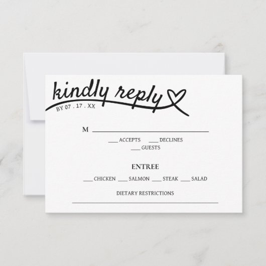 白シンプルと黒のハートレスポンスウェディングRSVP 出欠カード (正面)