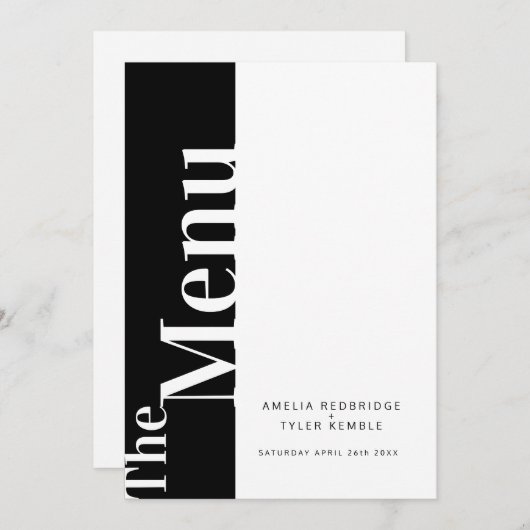 白シンプルの文字が付いたモノ結婚ブラック メニュー (正面/裏面)