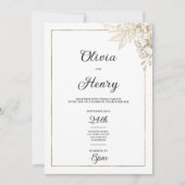 白シンプルエレガントフローラと金ゴールド結婚 招待状 (正面)