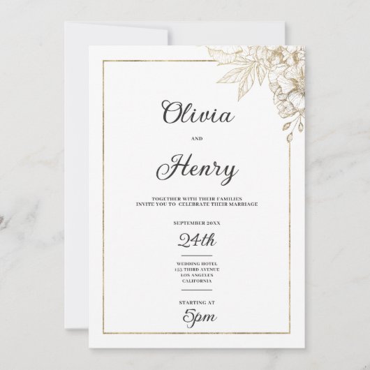 白シンプルエレガントフローラと金ゴールド結婚 招待状 (正面)