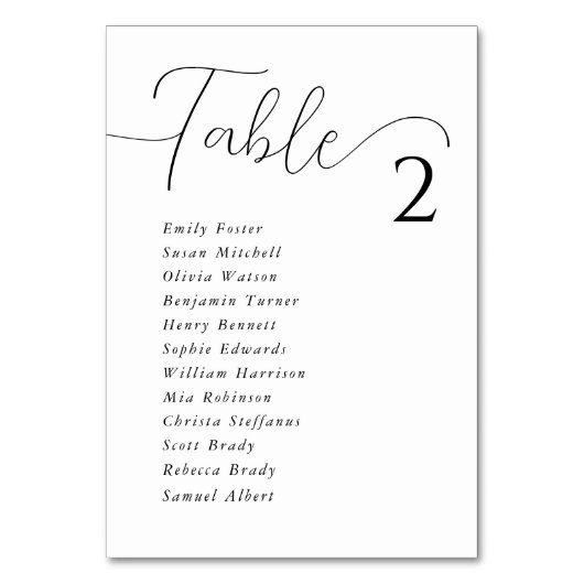 白シンプルエレガント座結婚席チャートカード テーブルナンバー (正面)