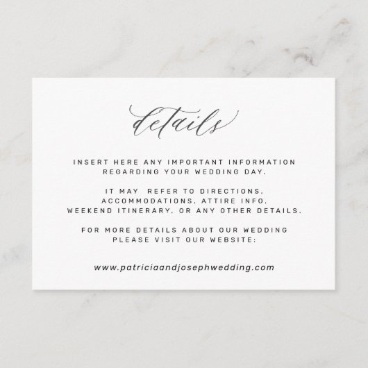 白シンプルエレガント黒の結婚詳細 エンクロージャーカード (正面)