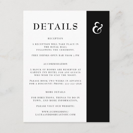 白シンプルエレガント黒の結婚詳細 エンクロージャーカード (正面)