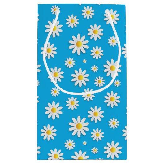 白シンプルデイジー花柄かわいい青 スモールペーパーバッグ (裏面)