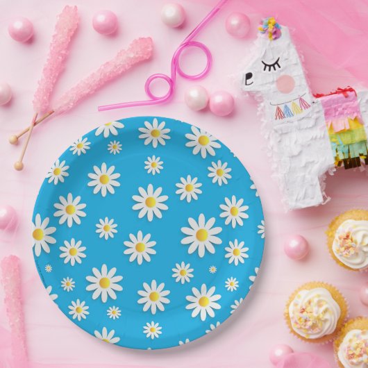白シンプルデイジー花柄かわいい青 ペーパープレート (パーティー)