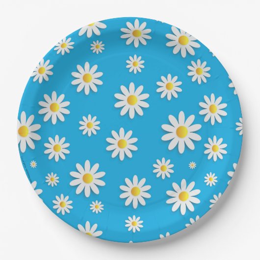 白シンプルデイジー花柄かわいい青 ペーパープレート (正面)