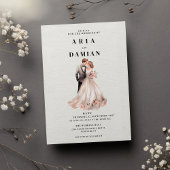 白シンプルピンクフローラカップル結婚写真 招待状