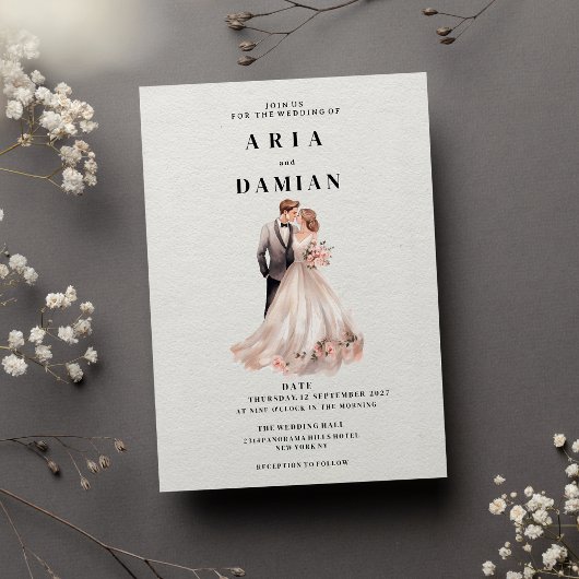 白シンプルピンクフローラカップル結婚写真 招待状